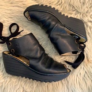 Fly London black tie back leather peep toe booties size 36